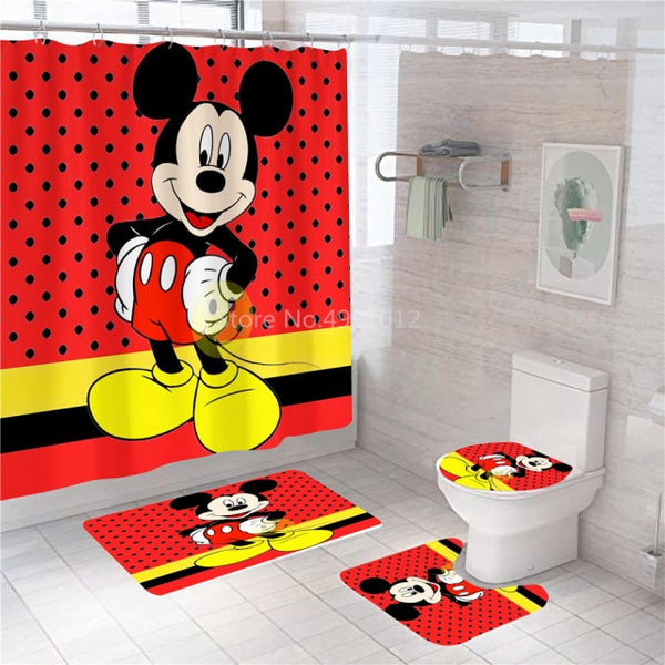 Disney Cartoon Mickey Minnie Mouse Bath Curtain 180x180cm 1Pc/4Pcs w/12 Hooks Shower Bathroom Toilet Mat Lid Rug Curtain Sets