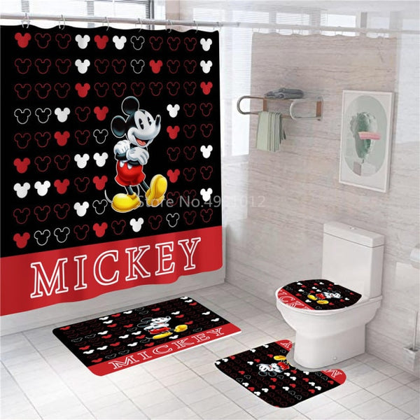 Disney Cartoon Mickey Minnie Mouse Bath Curtain 180x180cm 1Pc/4Pcs w/12 Hooks Shower Bathroom Toilet Mat Lid Rug Curtain Sets