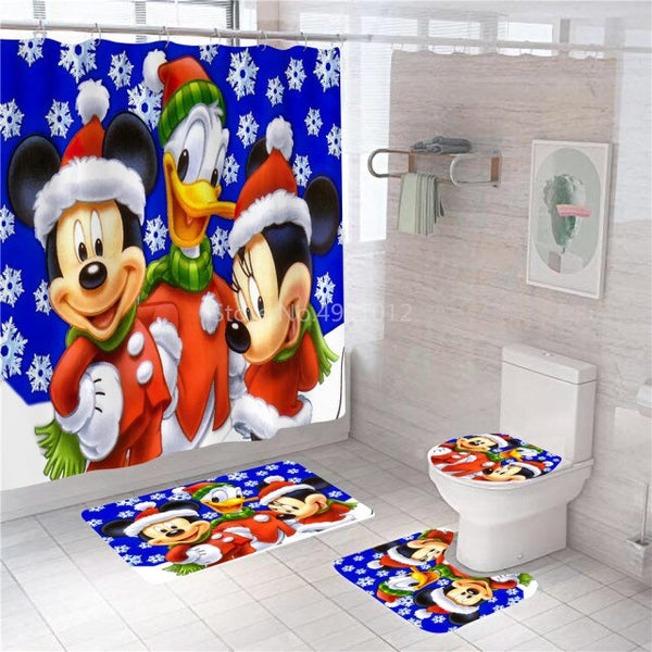 Disney Cartoon Mickey Minnie Mouse Bath Curtain 180x180cm 1Pc/4Pcs w/12 Hooks Shower Bathroom Toilet Mat Lid Rug Curtain Sets