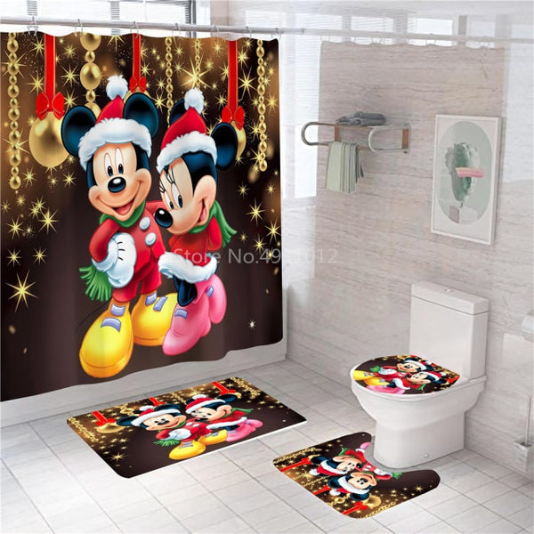 Disney Cartoon Mickey Minnie Mouse Bath Curtain 180x180cm 1Pc/4Pcs w/12 Hooks Shower Bathroom Toilet Mat Lid Rug Curtain Sets