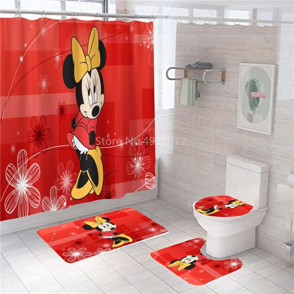 Disney Cartoon Mickey Minnie Mouse Bath Curtain 180x180cm 1Pc/4Pcs w/12 Hooks Shower Bathroom Toilet Mat Lid Rug Curtain Sets