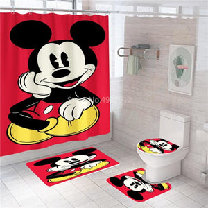 Disney Cartoon Mickey Minnie Mouse Bath Curtain 180x180cm 1Pc/4Pcs w/12 Hooks Shower Bathroom Toilet Mat Lid Rug Curtain Sets