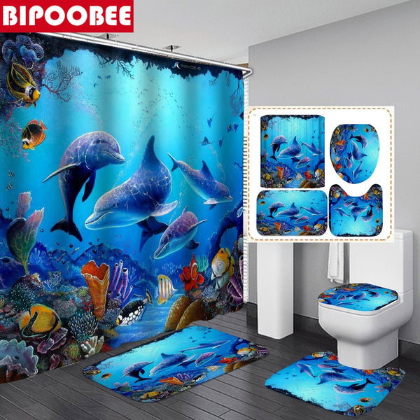 Ocean Underwater World Cheerful Dolphin 3D Printing Waterproof Shower Curtain with Rug Toilet Cover Bath Mat Set Bathroom Decor