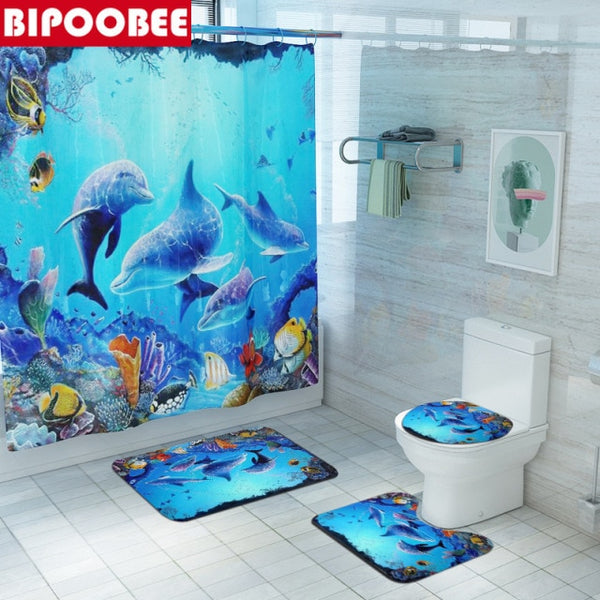 Ocean Underwater World Cheerful Dolphin 3D Printing Waterproof Shower Curtain with Rug Toilet Cover Bath Mat Set Bathroom Decor