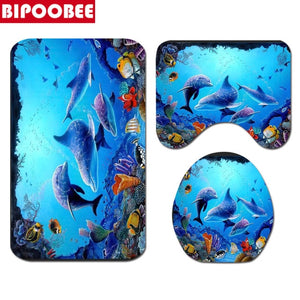 Ocean Underwater World Cheerful Dolphin 3D Printing Waterproof Shower Curtain with Rug Toilet Cover Bath Mat Set Bathroom Decor