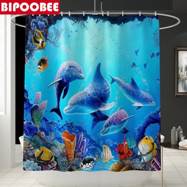 Ocean Underwater World Cheerful Dolphin 3D Printing Waterproof Shower Curtain with Rug Toilet Cover Bath Mat Set Bathroom Decor