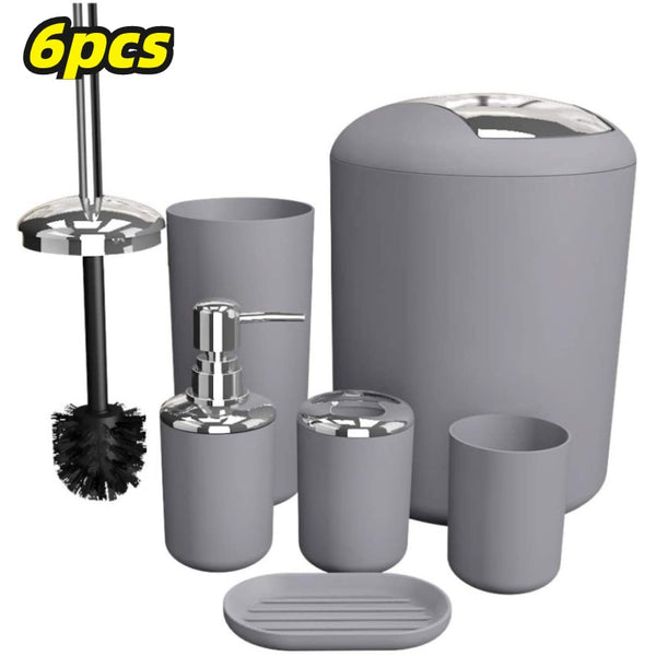 6Pcs Bathroom Accessories Set Bath Ensemble Soap Dish Trash Can Toilet Brush Tumbler Cup Necessities Kit Bathroom Accessories