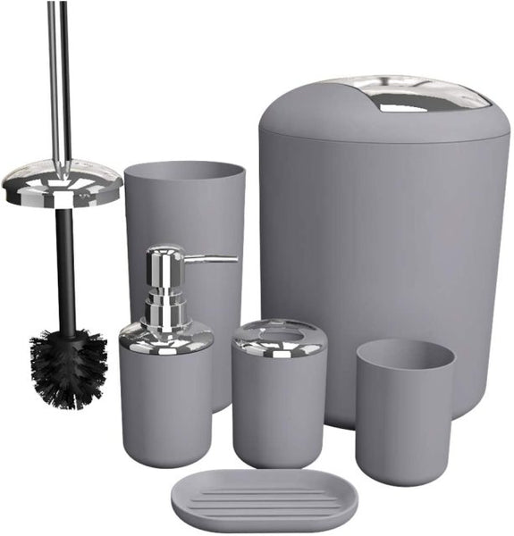 6Pcs Bathroom Accessories Set Bath Ensemble Soap Dish Trash Can Toilet Brush Tumbler Cup Necessities Kit Bathroom Accessories