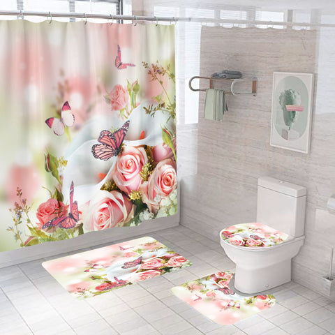 Pink Flower Butterfly Shower Curtain Bathroom Set Fashion Pattern Bath Curtains Rose Non Slip Toilet Cover Floor Mat Rug Sets