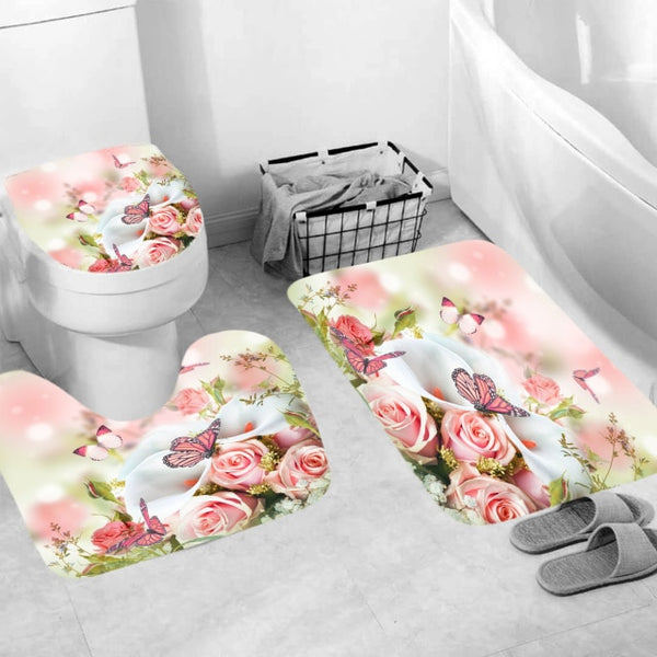 Pink Flower Butterfly Shower Curtain Bathroom Set Fashion Pattern Bath Curtains Rose Non Slip Toilet Cover Floor Mat Rug Sets