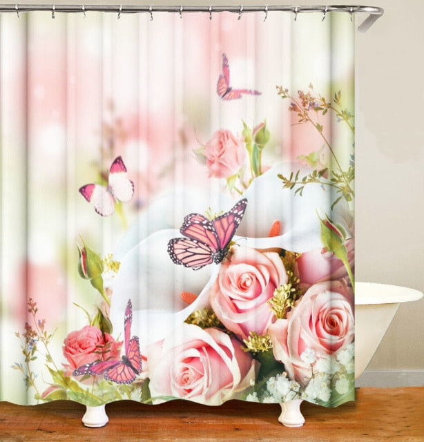 Pink Flower Butterfly Shower Curtain Bathroom Set Fashion Pattern Bath Curtains Rose Non Slip Toilet Cover Floor Mat Rug Sets