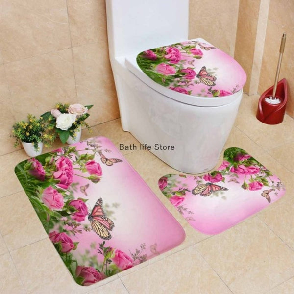 Pink Flower Butterfly Shower Curtain Bathroom Set Fashion Pattern Bath Curtains Rose Non Slip Toilet Cover Floor Mat Rug Sets