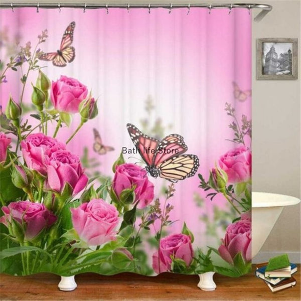 Pink Flower Butterfly Shower Curtain Bathroom Set Fashion Pattern Bath Curtains Rose Non Slip Toilet Cover Floor Mat Rug Sets