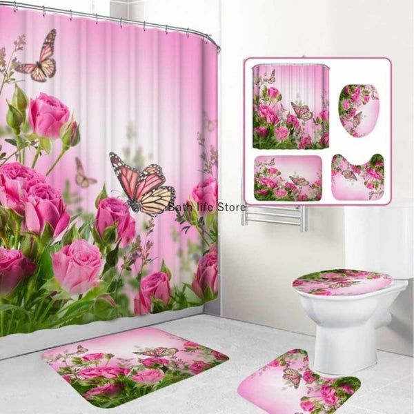 Pink Flower Butterfly Shower Curtain Bathroom Set Fashion Pattern Bath Curtains Rose Non Slip Toilet Cover Floor Mat Rug Sets