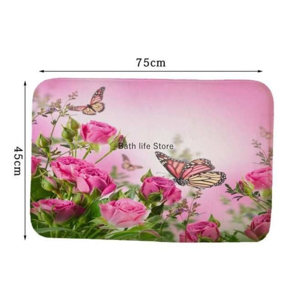 Pink Flower Butterfly Shower Curtain Bathroom Set Fashion Pattern Bath Curtains Rose Non Slip Toilet Cover Floor Mat Rug Sets