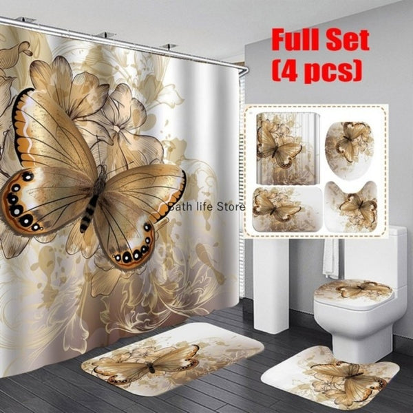 Pink Flower Butterfly Shower Curtain Bathroom Set Fashion Pattern Bath Curtains Rose Non Slip Toilet Cover Floor Mat Rug Sets