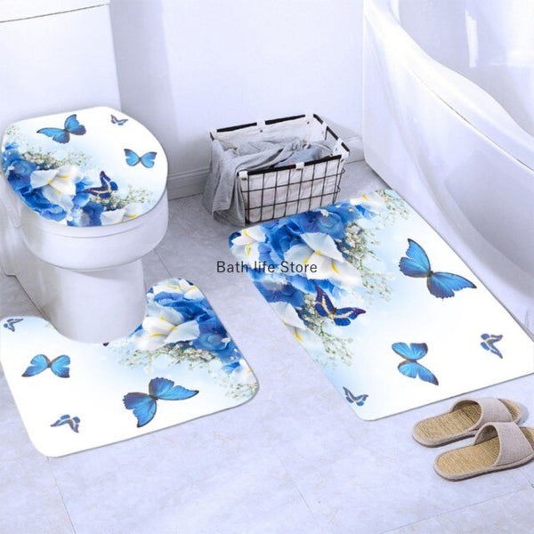 Pink Flower Butterfly Shower Curtain Bathroom Set Fashion Pattern Bath Curtains Rose Non Slip Toilet Cover Floor Mat Rug Sets