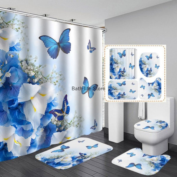 Pink Flower Butterfly Shower Curtain Bathroom Set Fashion Pattern Bath Curtains Rose Non Slip Toilet Cover Floor Mat Rug Sets