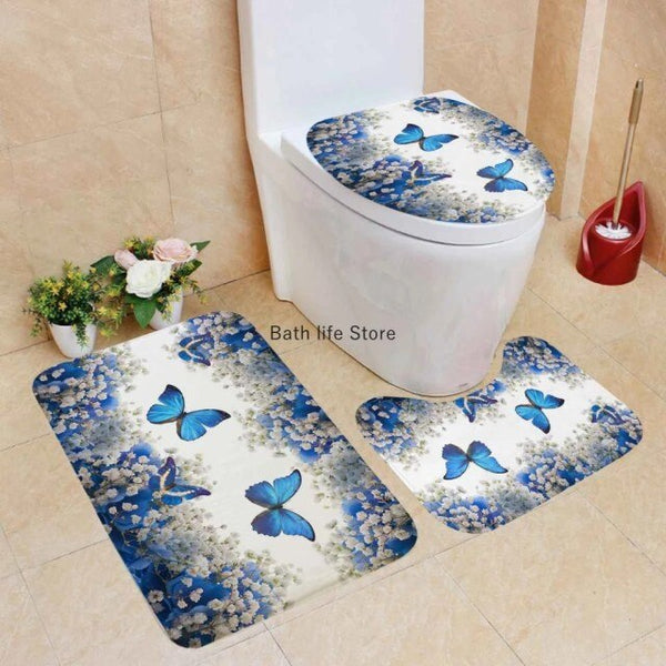 Pink Flower Butterfly Shower Curtain Bathroom Set Fashion Pattern Bath Curtains Rose Non Slip Toilet Cover Floor Mat Rug Sets