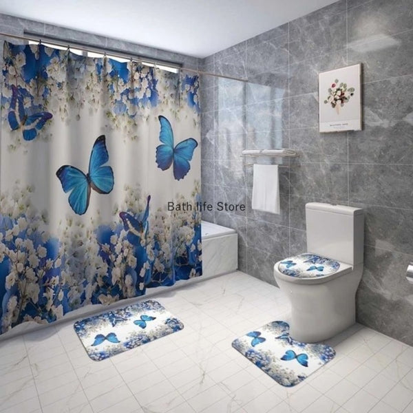 Pink Flower Butterfly Shower Curtain Bathroom Set Fashion Pattern Bath Curtains Rose Non Slip Toilet Cover Floor Mat Rug Sets