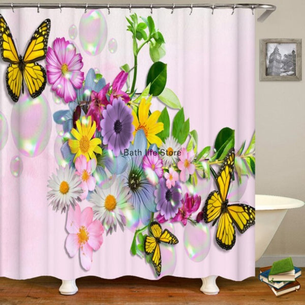 Pink Flower Butterfly Shower Curtain Bathroom Set Fashion Pattern Bath Curtains Rose Non Slip Toilet Cover Floor Mat Rug Sets