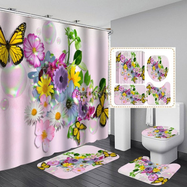 Pink Flower Butterfly Shower Curtain Bathroom Set Fashion Pattern Bath Curtains Rose Non Slip Toilet Cover Floor Mat Rug Sets