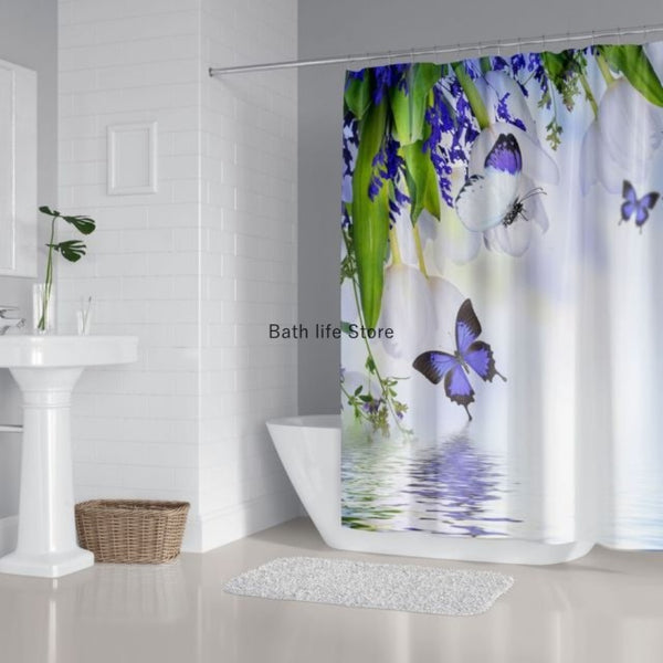 Pink Flower Butterfly Shower Curtain Bathroom Set Fashion Pattern Bath Curtains Rose Non Slip Toilet Cover Floor Mat Rug Sets