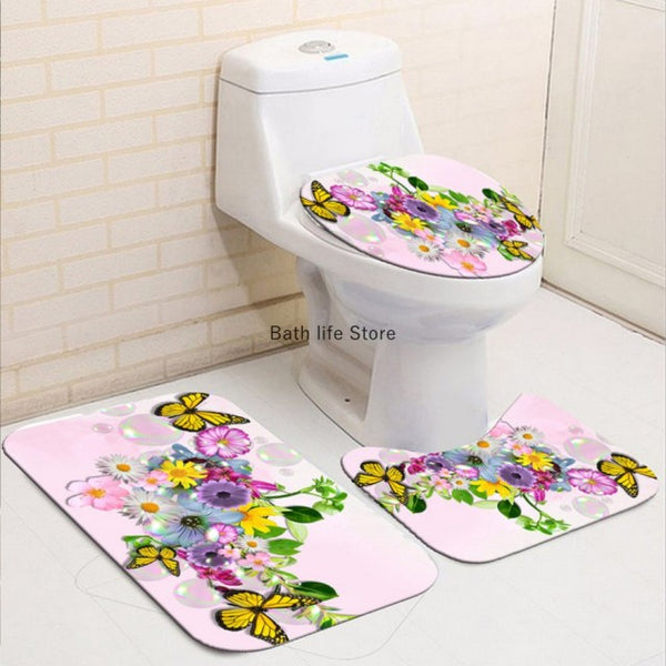 Pink Flower Butterfly Shower Curtain Bathroom Set Fashion Pattern Bath Curtains Rose Non Slip Toilet Cover Floor Mat Rug Sets