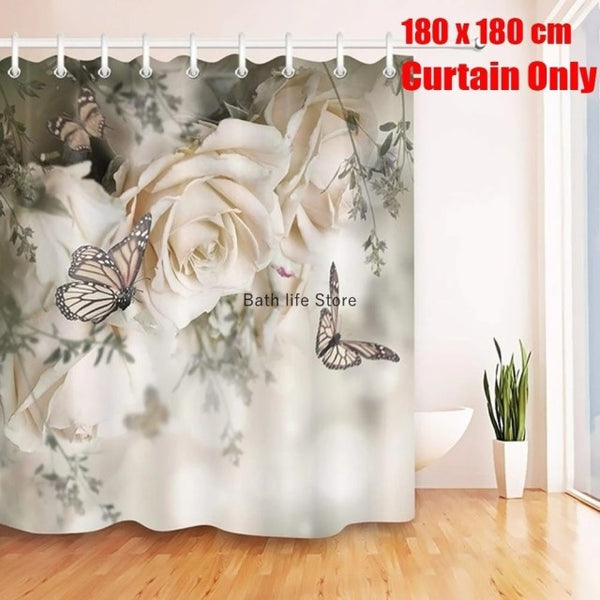 Pink Flower Butterfly Shower Curtain Bathroom Set Fashion Pattern Bath Curtains Rose Non Slip Toilet Cover Floor Mat Rug Sets