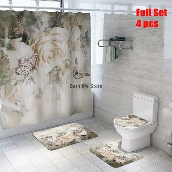 Pink Flower Butterfly Shower Curtain Bathroom Set Fashion Pattern Bath Curtains Rose Non Slip Toilet Cover Floor Mat Rug Sets