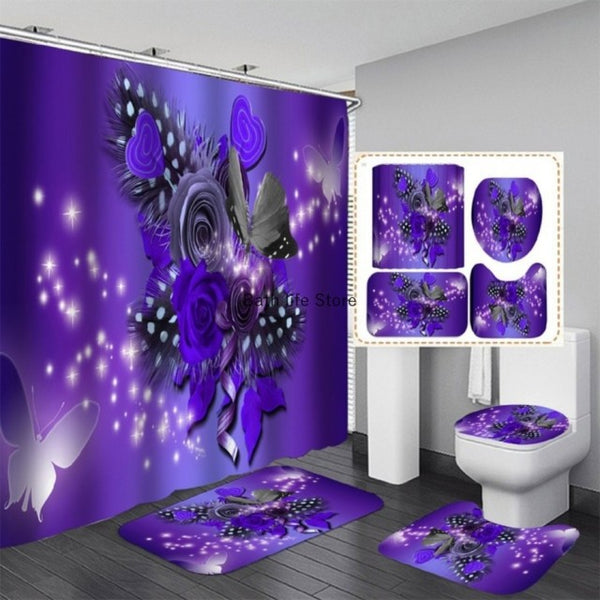 Pink Flower Butterfly Shower Curtain Bathroom Set Fashion Pattern Bath Curtains Rose Non Slip Toilet Cover Floor Mat Rug Sets