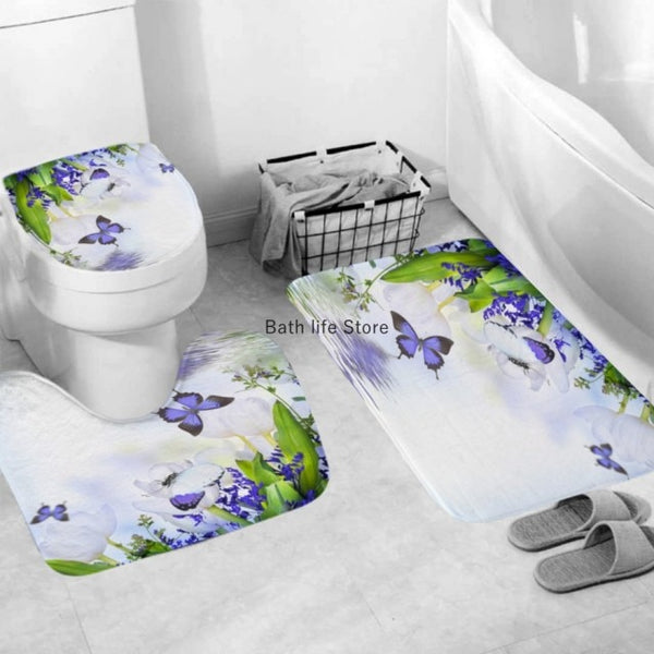 Pink Flower Butterfly Shower Curtain Bathroom Set Fashion Pattern Bath Curtains Rose Non Slip Toilet Cover Floor Mat Rug Sets