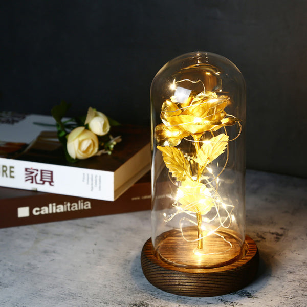 LED Enchanted Galaxy Rose Eternal 24K Gold Foil Flower with Fairy String Lights In Dome for Weeding