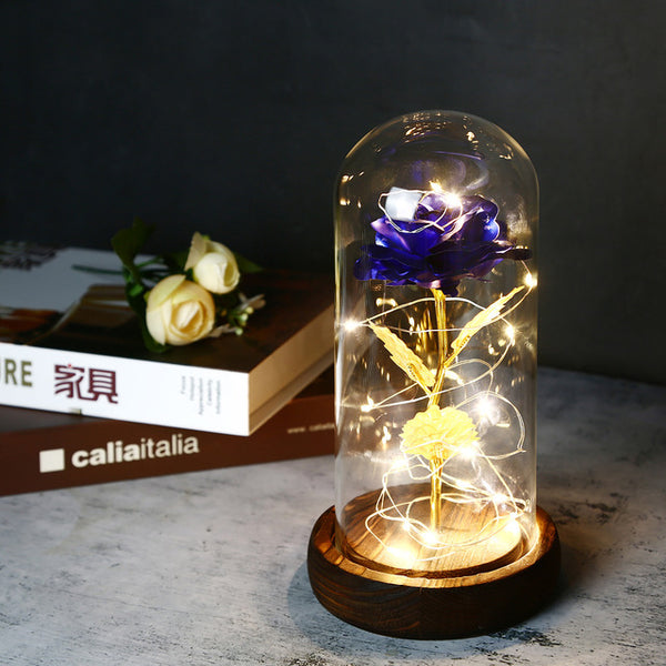 LED Enchanted Galaxy Rose Eternal 24K Gold Foil Flower with Fairy String Lights In Dome for Weeding