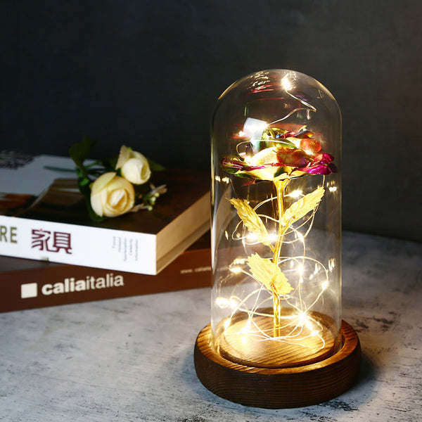 LED Enchanted Galaxy Rose Eternal 24K Gold Foil Flower with Fairy String Lights In Dome for Weeding