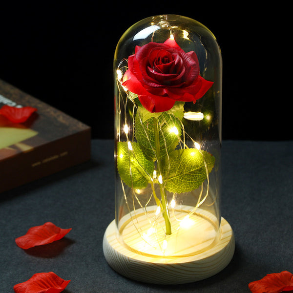 LED Enchanted Galaxy Rose Eternal 24K Gold Foil Flower with Fairy String Lights In Dome for Weeding