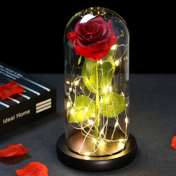 LED Enchanted Galaxy Rose Eternal 24K Gold Foil Flower with Fairy String Lights In Dome for Weeding