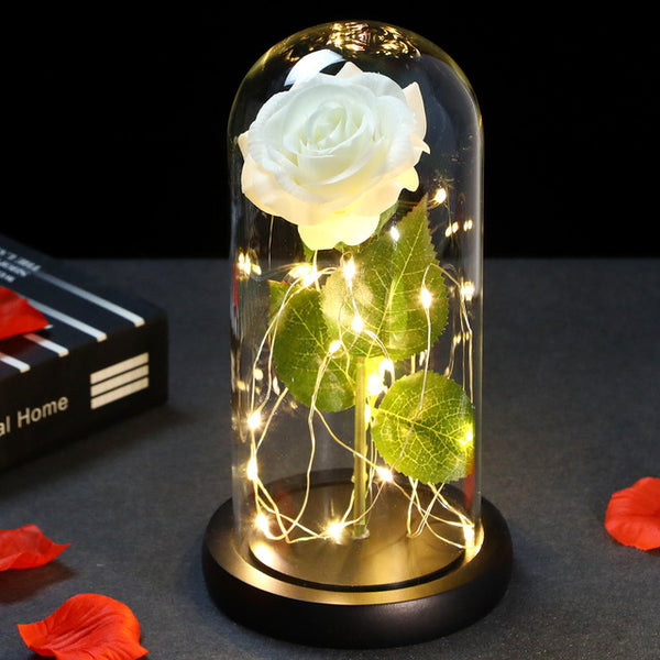 LED Enchanted Galaxy Rose Eternal 24K Gold Foil Flower with Fairy String Lights In Dome for Weeding