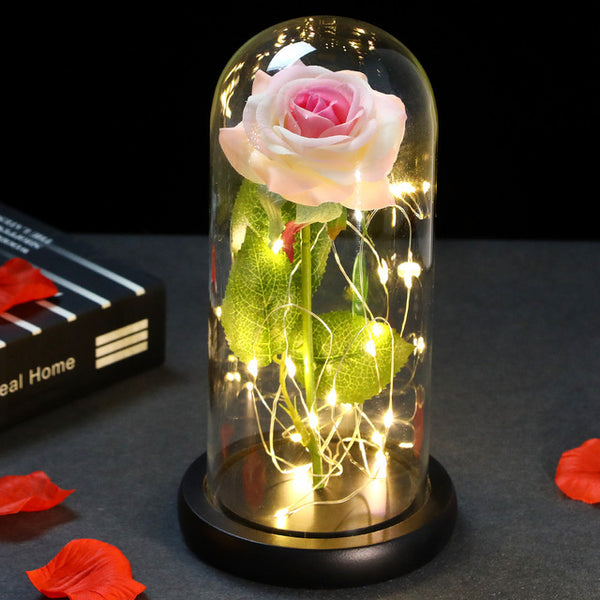 LED Enchanted Galaxy Rose Eternal 24K Gold Foil Flower with Fairy String Lights In Dome for Weeding